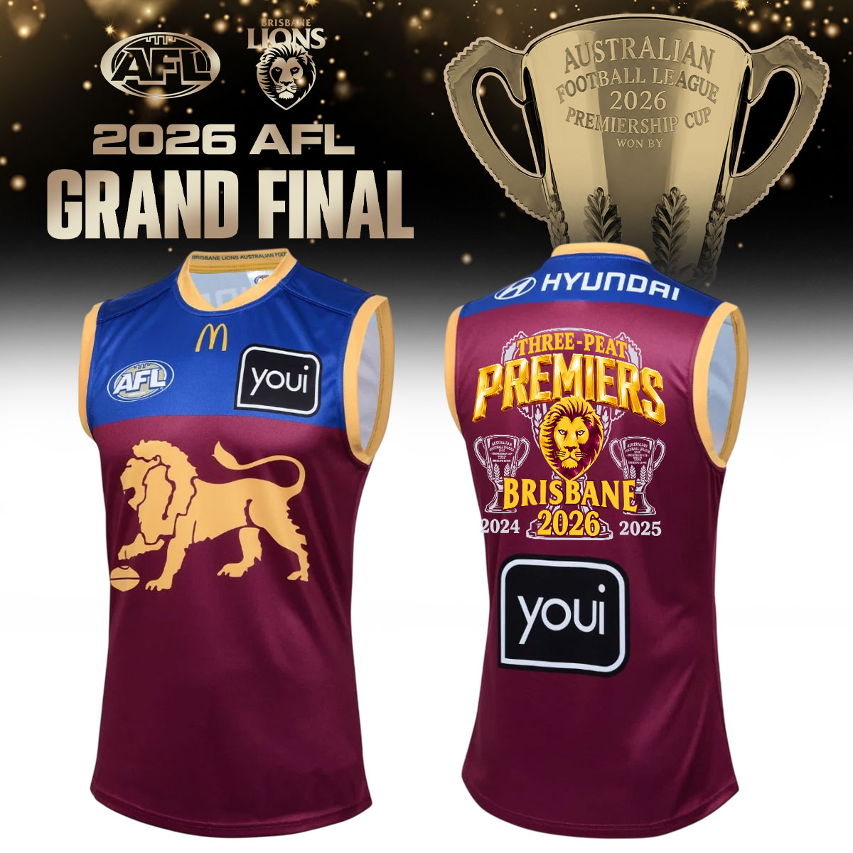 Limited Edition Brisbane Lions 2026 AFL Three - Peat Premiers Rugby New Jersey