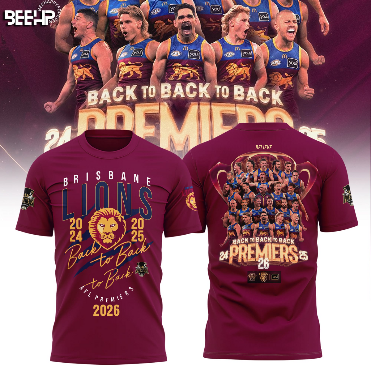 Limited Edition Brisbane Lions 2026 AFL Three - Peat Premiers T-shirt