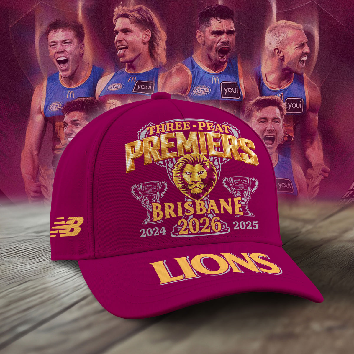 Limited Edition Brisbane Lions 2026 AFL Three - Peat Premiers Cap