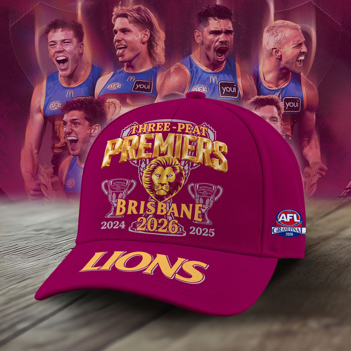 Limited Edition Brisbane Lions 2026 AFL Three - Peat Premiers Cap