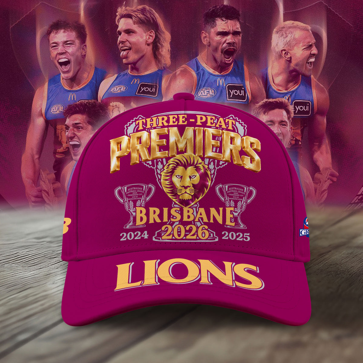 Limited Edition Brisbane Lions 2026 AFL Three - Peat Premiers Cap