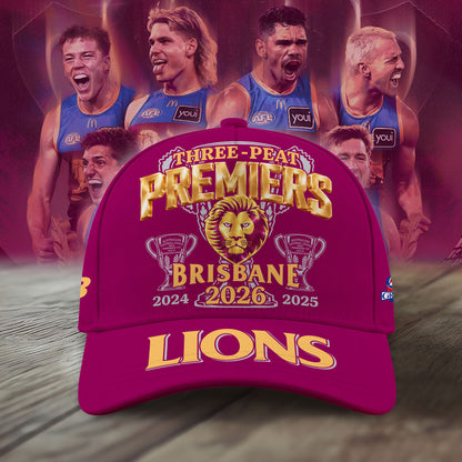 Limited Edition Brisbane Lions 2026 AFL Three - Peat Premiers Cap