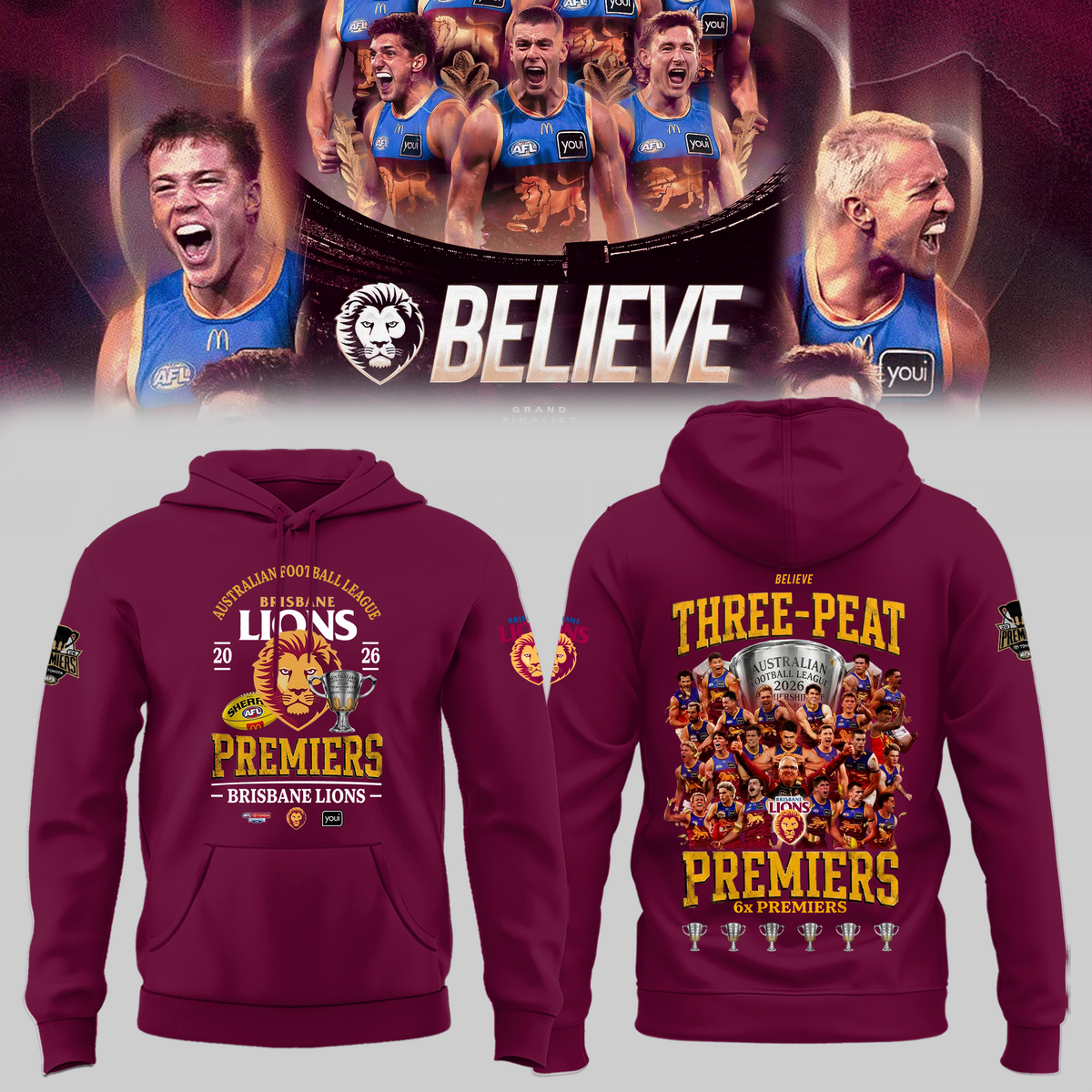 Limited Edition Limited Edition Brisbane Lions 2026 AFL Three - Peat Premiers Hoodie