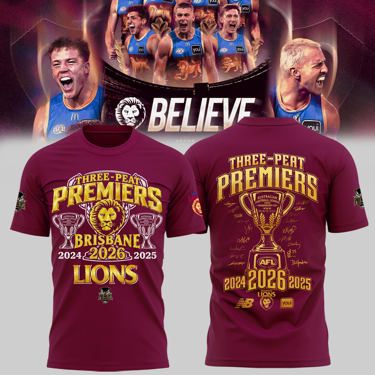 Limited Edition Brisbane Lions 2026 AFL Three - Peat Premiers T-shirt
