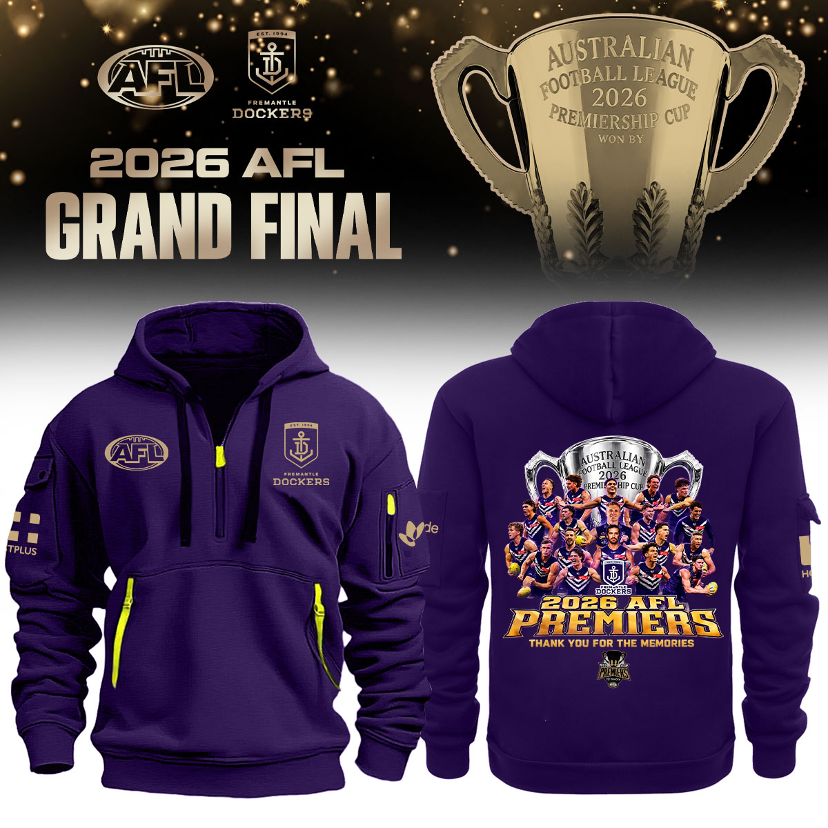 Limited Edition Fremantle Dockers 2026 AFL Premiers Half Zip Hoodie