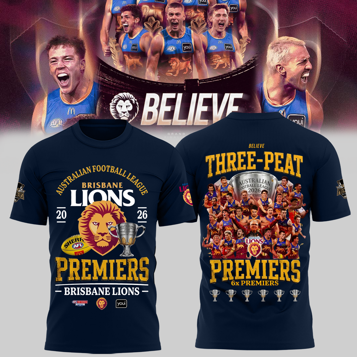 Limited Edition Brisbane Lions 2026 AFL Three - Peat Premiers T-shirt