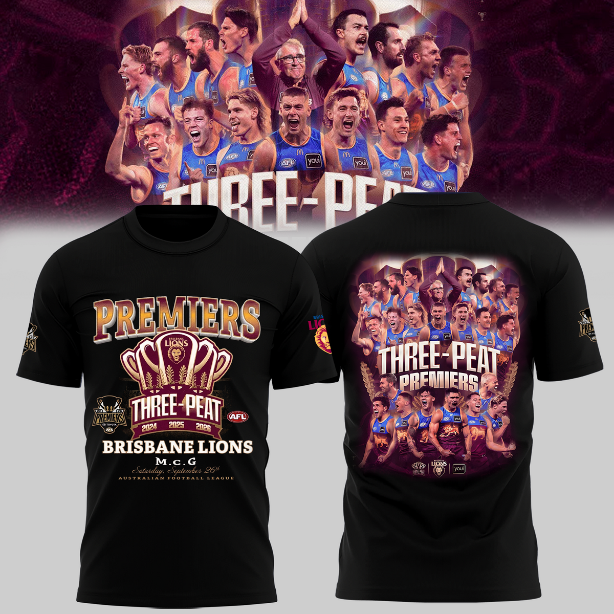 Limited Edition Brisbane Lions 2026 AFL Three - Peat Premiers T-shirt