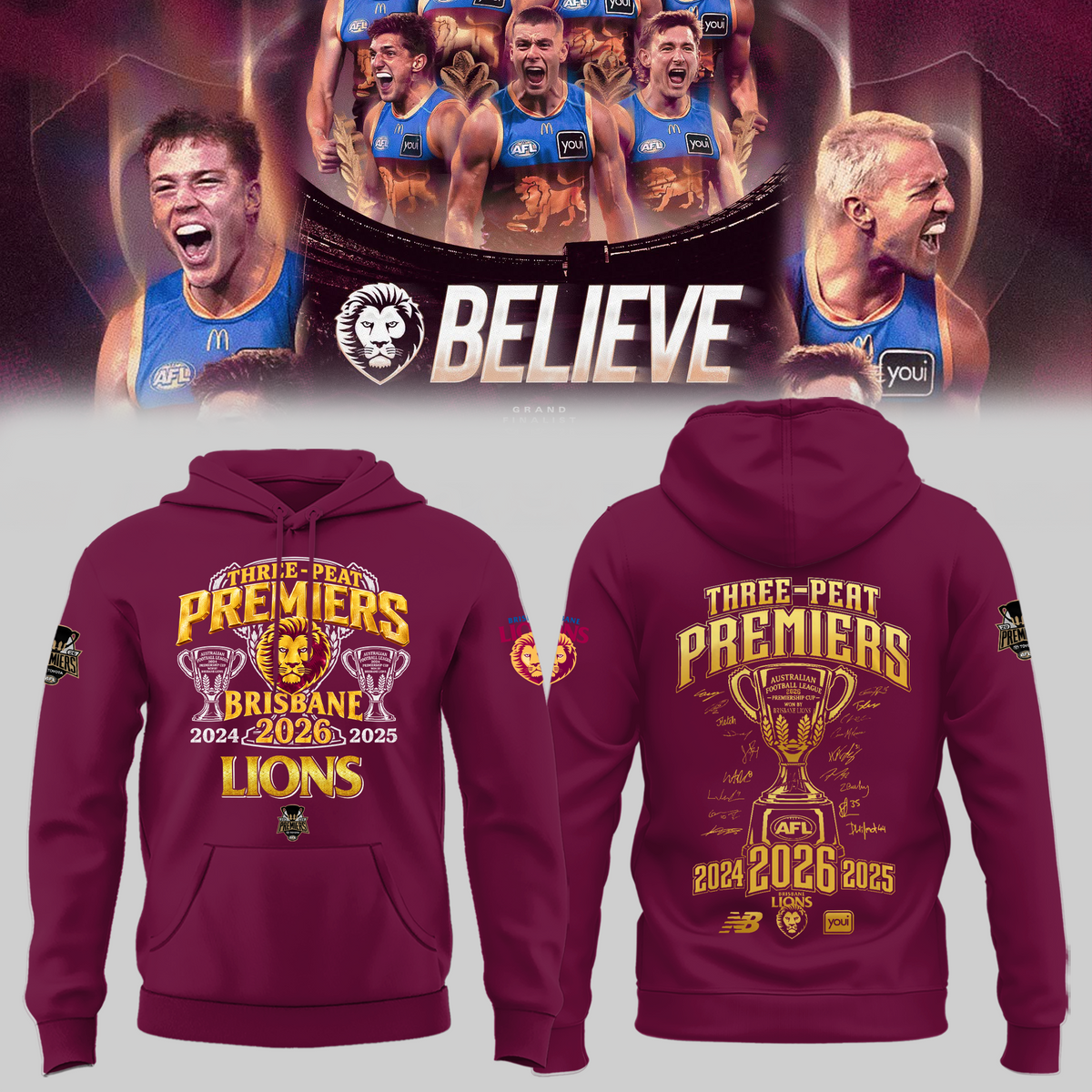 Limited Edition Limited Edition Brisbane Lions 2026 AFL Three - Peat Premiers Hoodie