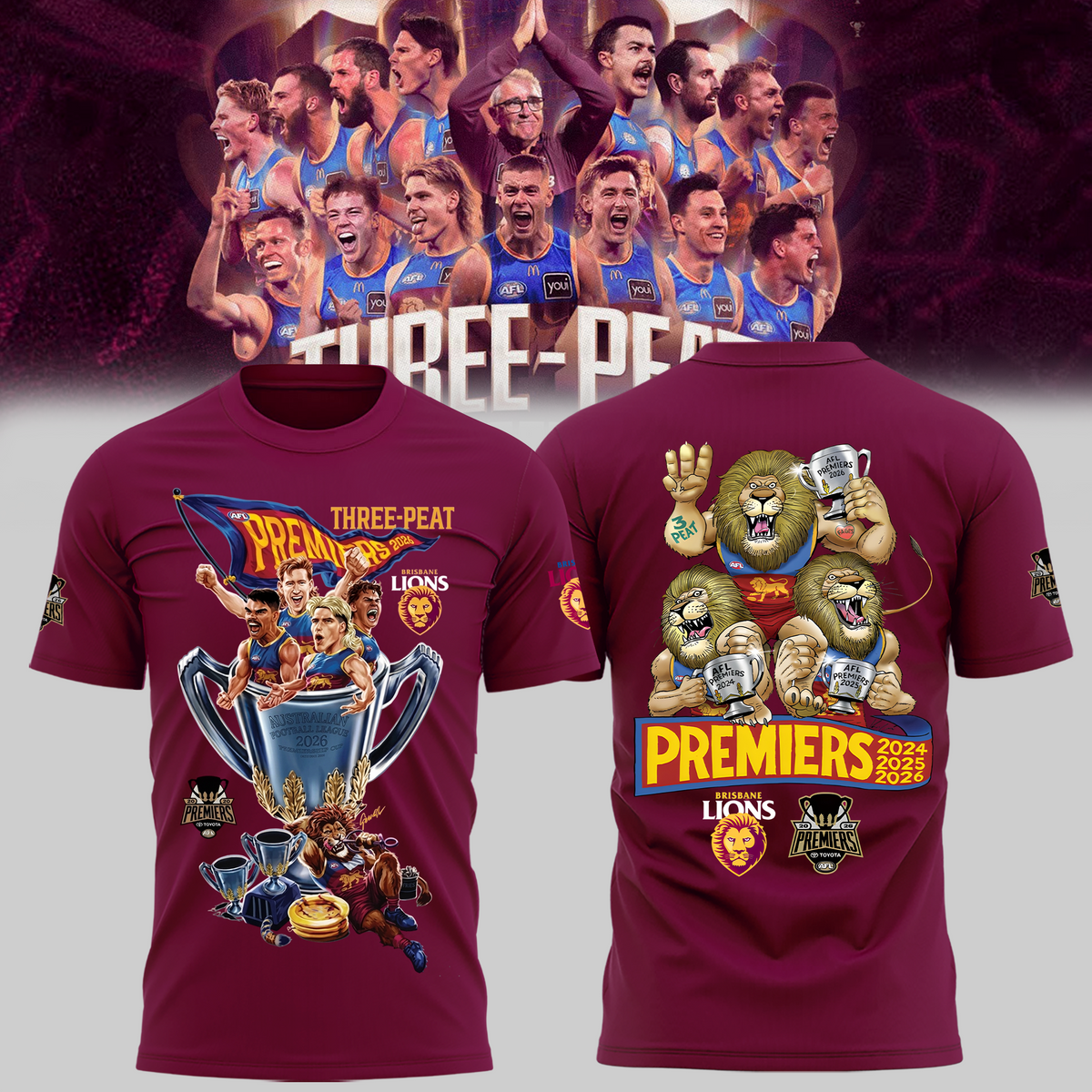 Limited Edition Brisbane Lions 2026 AFL Three - Peat Premiers T-shirt